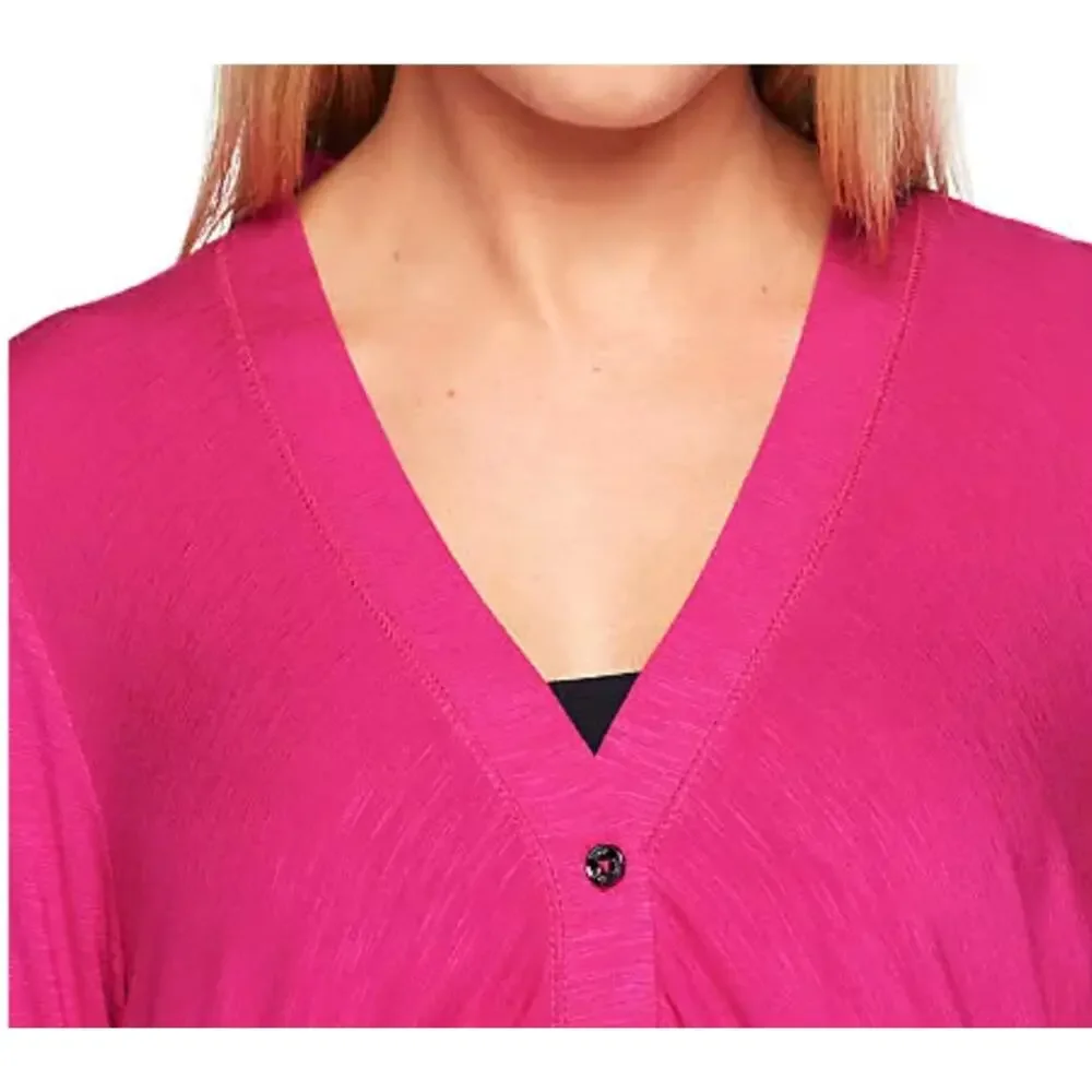 Cardigan Logo Lori Goldstein Button Front 3X Dark Pink Roll Tab Asymmetric Hem